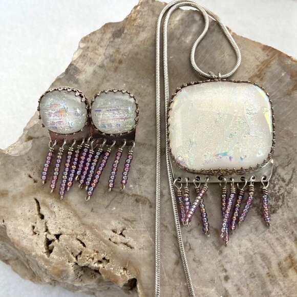 Sterling Silver 925 Artisan Dichroic Glass Beaded Fringe Earrings & Necklace Set - Picture 1 of 16